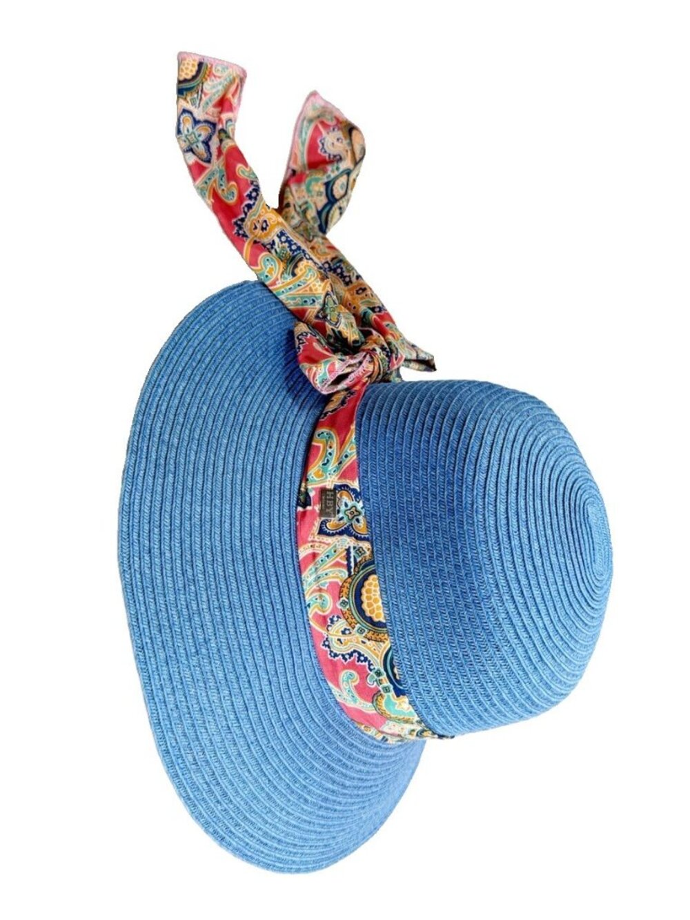 HBY Miami Womens One Size (7.5") Straw Hat Blue 3" Wide Brim Floral Scarf EUC